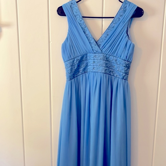 DAVIDS BRIDAL Blue Grecian Sleeveless V Neck Embroidered Midi Prom Dress 4 NWOT - Picture 8 of 12